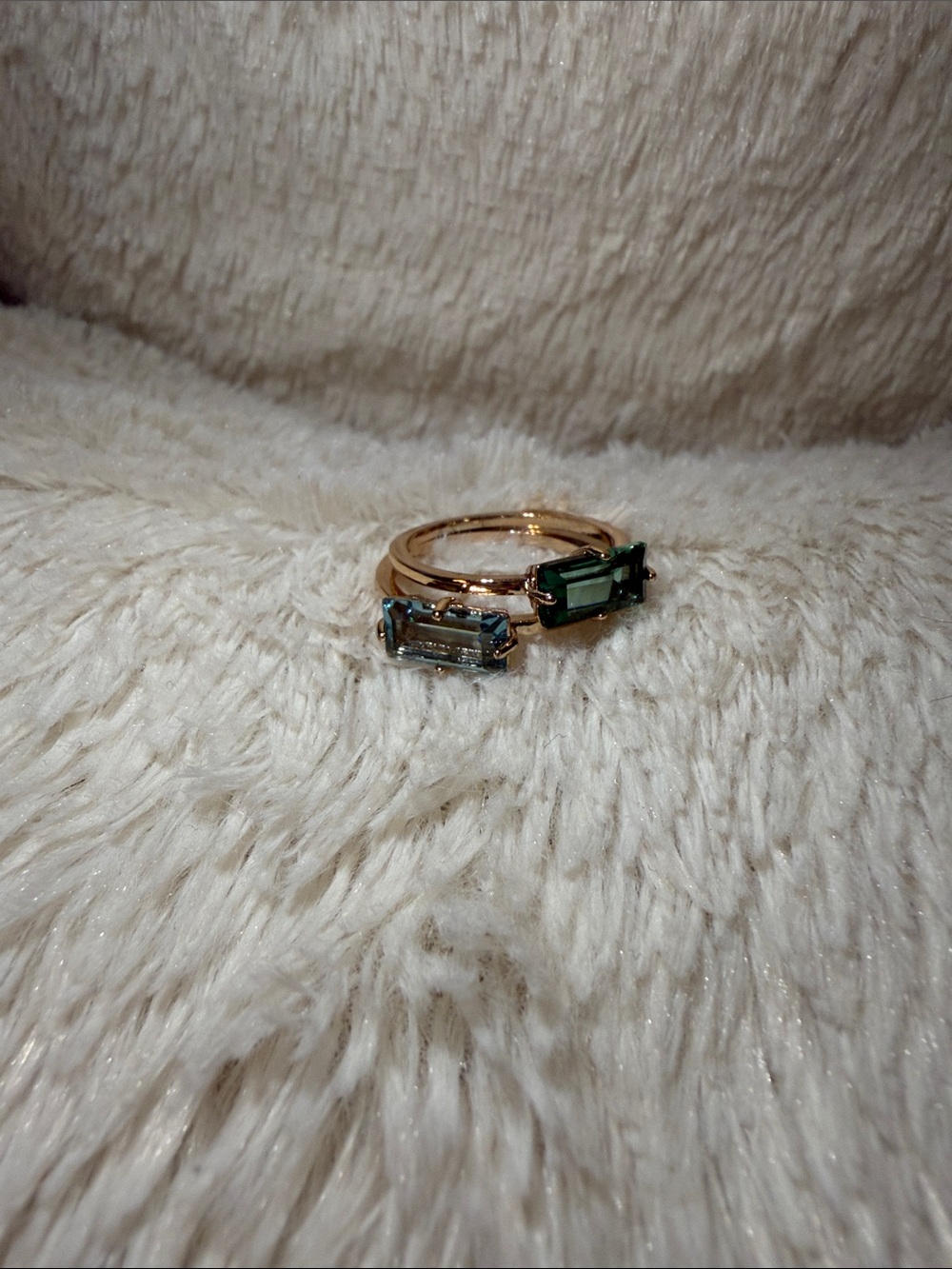 Gold Band Ring with Blue and Green Emerald-Cut Stones